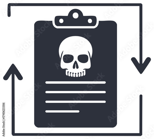 Clipboard with Skull and Arrows Indicating Danger or Warning