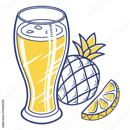 Refreshing yellow pineapple juice in a tall glass with a pineapple and lemon slice on a white background