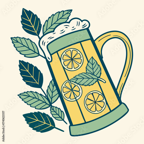 Refreshing yellow beer mug filled with frothy white foam and decorated with lemon slices and fresh mint leaves on a light background