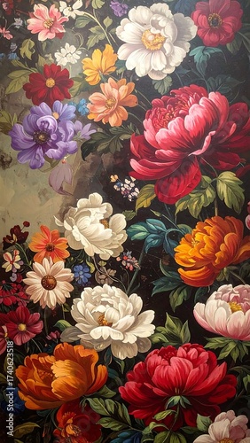 A dense floral arrangement with lush, colorful blooms on dark background