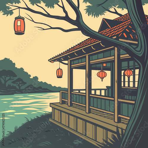 Serene riverside pavilion with traditional lanterns hanging from a large tree and porch overlooking calm water and lush green landscape