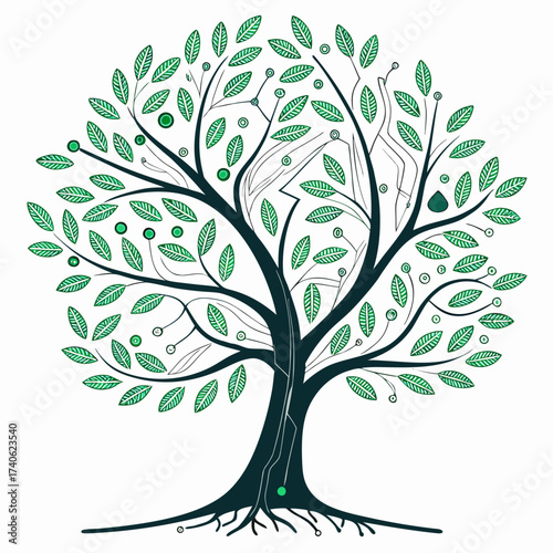Stylized dark green tree with intricate branches vibrant green leaves and circular elements resembling circuits on a white background