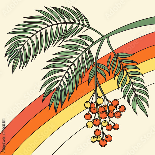 Stylized illustration of a palm frond with berries against a retro rainbow background in warm sunset colors