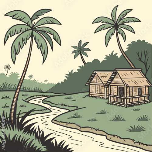 Tropical landscape with two stilt houses nestled beside a winding river and lush palm trees under a pale sky