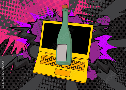 Cartoon Laptop, comic book Notebook with glass bottle. Retro vector comics pop art design.