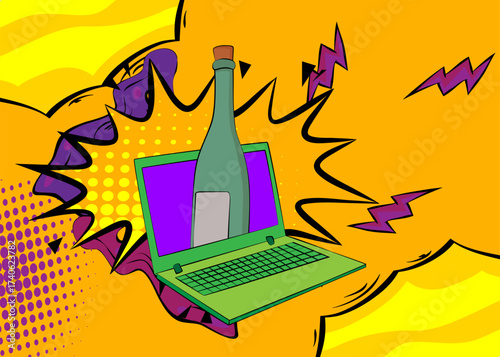 Cartoon Laptop, comic book Notebook with glass bottle. Retro vector comics pop art design.