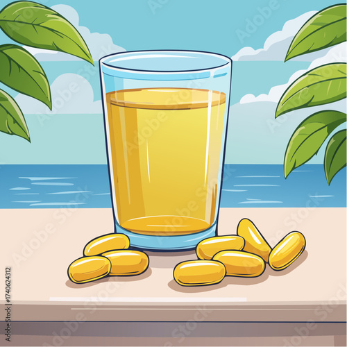 omega-3 capsules on a clean white table, next to a glass of water