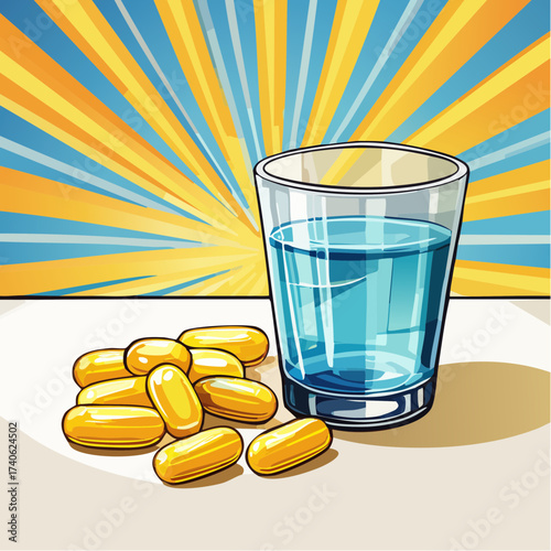 omega-3 capsules on a clean white table, next to a glass of water