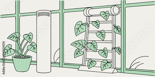 Indoor plants growing on trellises and support structures with a watering system
