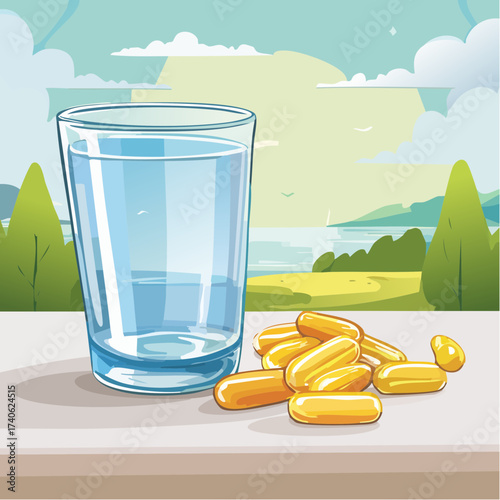 omega-3 capsules on a clean white table, next to a glass of water