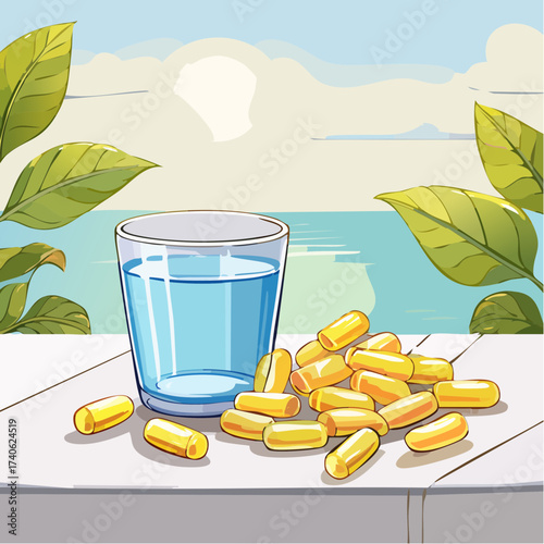 omega-3 capsules on a clean white table, next to a glass of water