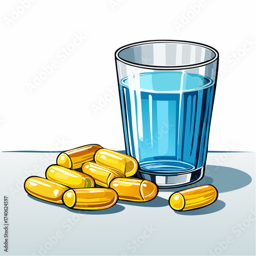 omega-3 capsules on a clean white table, next to a glass of water