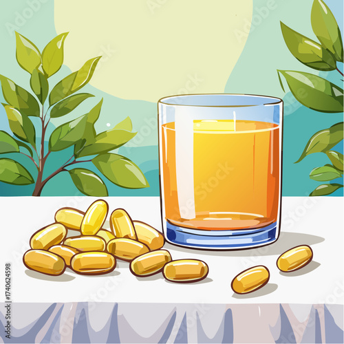 omega-3 capsules on a clean white table, next to a glass of water