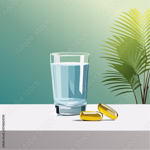 omega-3 capsules on a clean white table, next to a glass of water