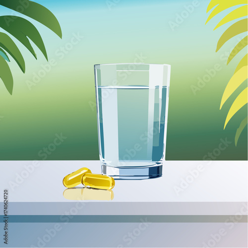 omega-3 capsules on a clean white table, next to a glass of water