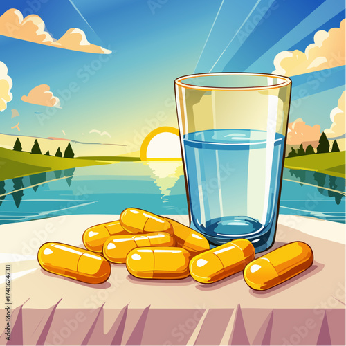 omega-3 capsules on a clean white table, next to a glass of water