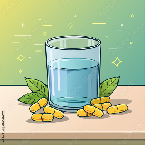 omega-3 capsules on a clean white table, next to a glass of water
