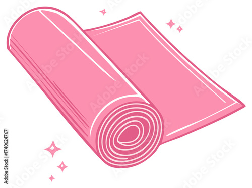 Rolled pink yoga mat illustration with sparkle elements, vector graphic