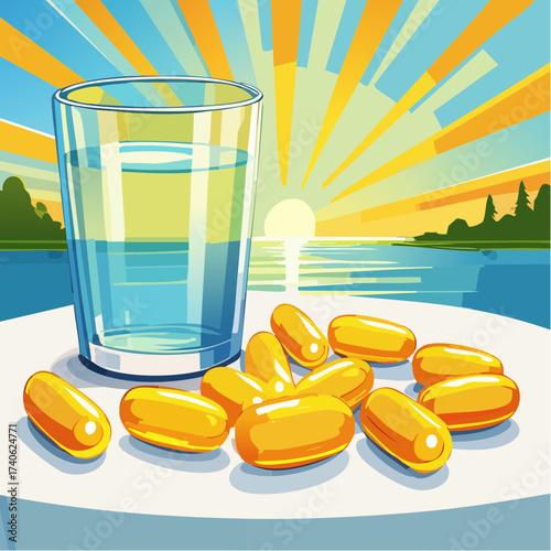 omega-3 capsules on a clean white table, next to a glass of water