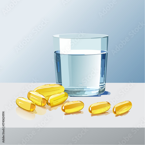 omega-3 capsules on a clean white table, next to a glass of water