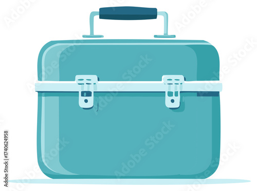 Illustration of a teal-colored, vintage-style lunch box with a handle and latches.
