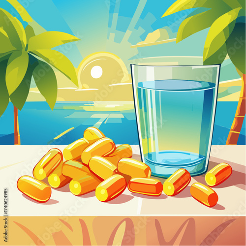 omega-3 capsules on a clean white table, next to a glass of water
