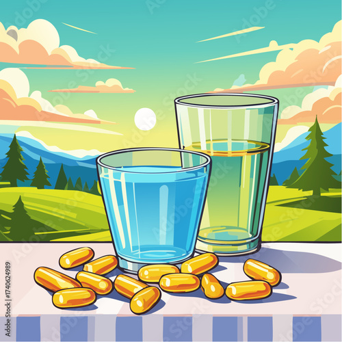 omega-3 capsules on a clean white table, next to a glass of water