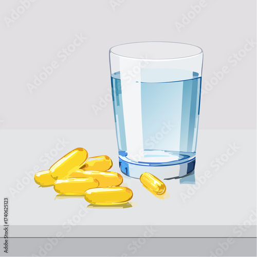 omega-3 capsules on a clean white table, next to a glass of water