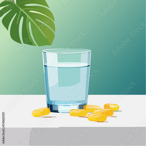omega-3 capsules on a clean white table, next to a glass of water