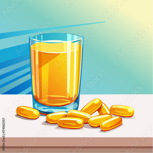 omega-3 capsules on a clean white table, next to a glass of water