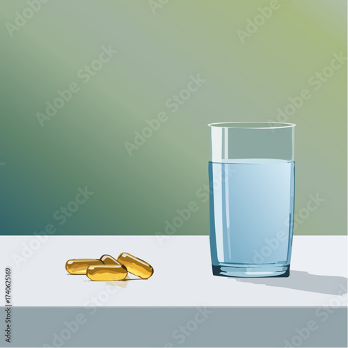 omega-3 capsules on a clean white table, next to a glass of water