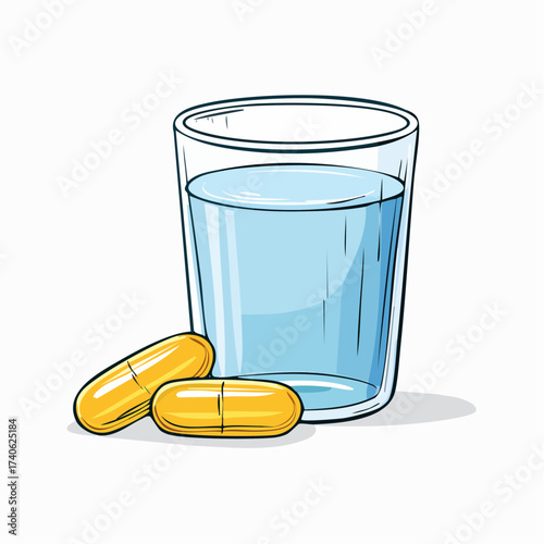 omega-3 capsules on a clean white table, next to a glass of water