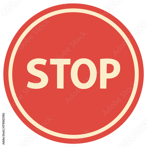 Red circle road sign displaying the word STOP in white letters. Road safety, traffic signal, street warning.
