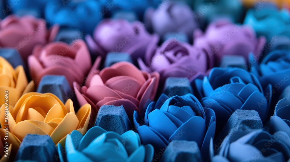 Fototapeta premium Vibrant arrangement of colorful paper roses in an egg carton, showcasing creativity and artistry in a bright setting