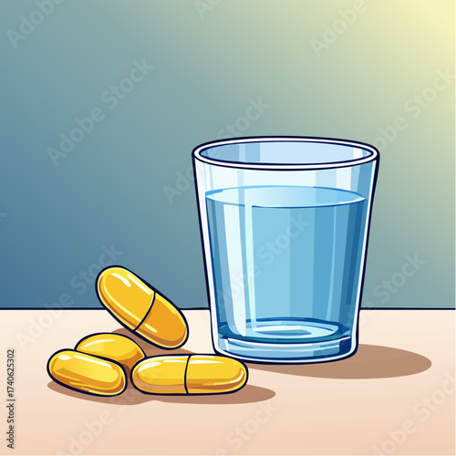omega-3 capsules on a clean white table, next to a glass of water