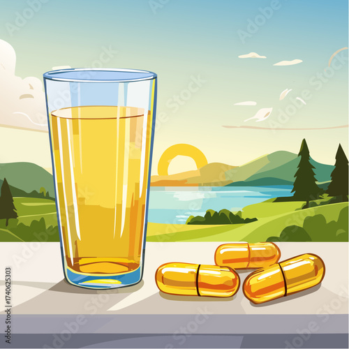 omega-3 capsules on a clean white table, next to a glass of water