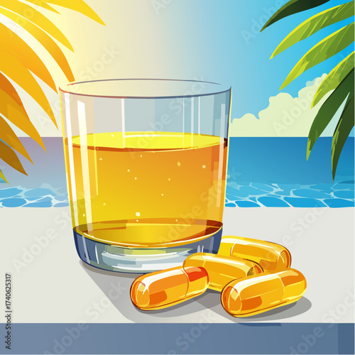 omega-3 capsules on a clean white table, next to a glass of water