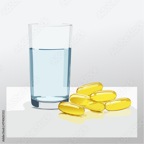 omega-3 capsules on a clean white table, next to a glass of water