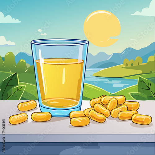 omega-3 capsules on a clean white table, next to a glass of water