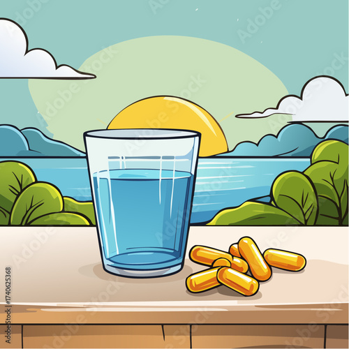 omega-3 capsules on a clean white table, next to a glass of water