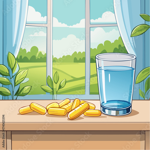 omega-3 capsules on a clean white table, next to a glass of water