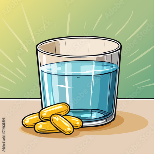 omega-3 capsules on a clean white table, next to a glass of water