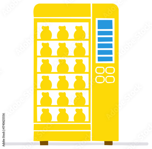 Yellow vending machine with sealed bag items on shelves and an ordering panel. Flat cartoon vector style illustration.