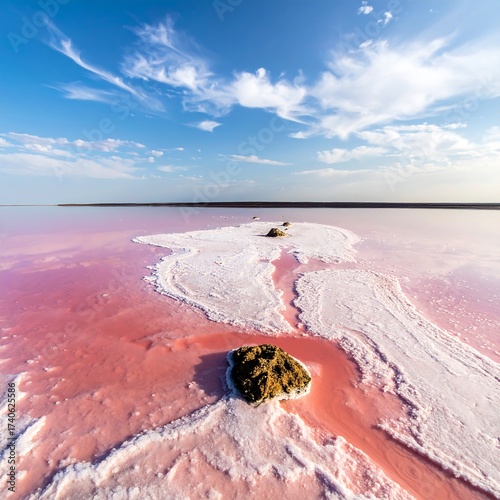 A unique landscape with vibrant pink waters under a bright blue sky