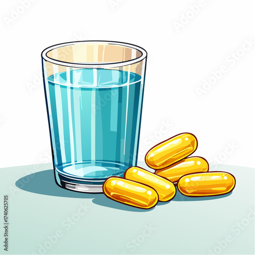 omega-3 capsules on a clean white table, next to a glass of water