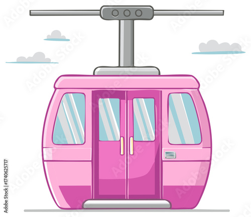 Bright pink cable car gondola cabin vector illustration, aerial tramway transport