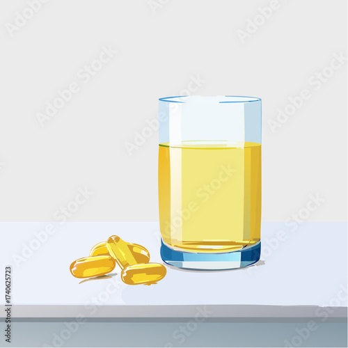 omega-3 capsules on a clean white table, next to a glass of water