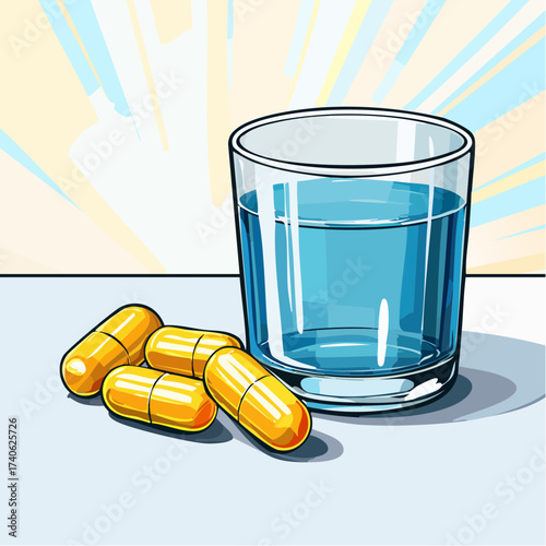 omega-3 capsules on a clean white table, next to a glass of water