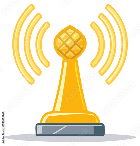 Golden wireless communication tower broadcasting signal waves icon illustration