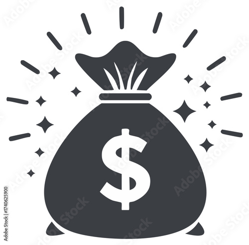 Illustration of a Bag Filled with Wealth Represented by Dollar Sign and Gleaming Sparks